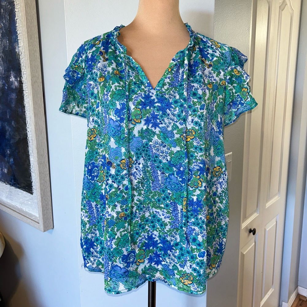 Joie blue green ruffle short sleeve blouse